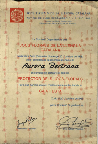 T&iacute;tol de protectora dels Jocs Florals otorgat a Aurora Bertrana. 1968