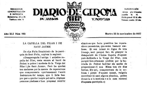 Muntatge de la cap&ccedil;alera i not&iacute;cia publicada al Diario de Gerona del 22 de novembre de 1927
