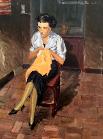Retrat d'Anna Reitg Laporta, cosint. Oli sobre cartr&oacute;. 37,5 x 27,5 cm