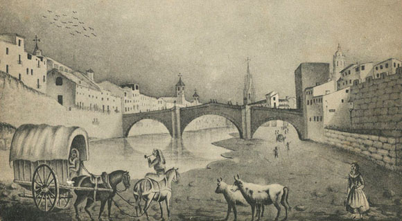 Vista del riu Onyar amb el pont de Sant Francesc a la part central i la torre hom&ograve;nima. A l'esquerra del riu, el campanar de les Bernardes i el de Santa Clara. 1839