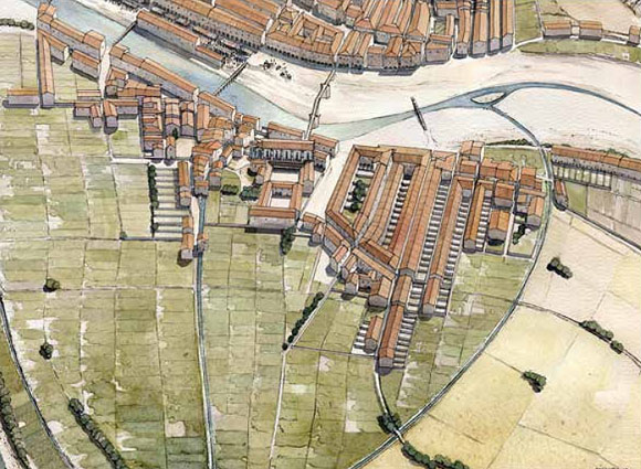 Recreaci&oacute; a vol d�ocell del Mercadal cap al 1360 vista des de ponent. El barri havia assolit la m&agrave;xima extensi&oacute; constru&iuml;da, malgrat que ja havien comen&ccedil;at els temps de recessi&oacute;