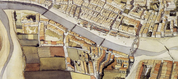 Restituci&oacute; a vol d'ocell del burg del Mercadal a principi del segle XIV