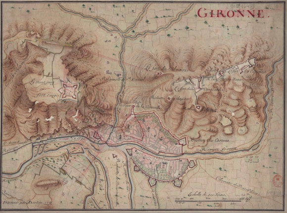 Mapa de Girona on es detalla les trinxeres i bateries borb&ograve;niques durant el setge a la ciutat. A. Bertau. 1711