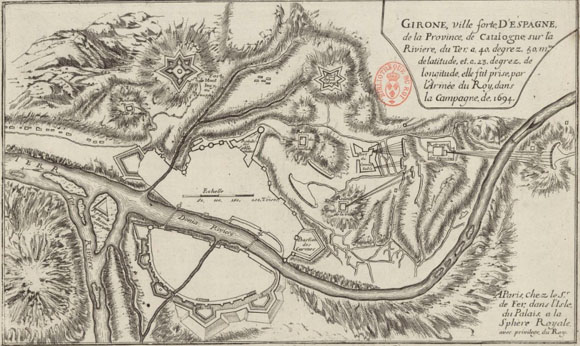 Girone, ville forte d'Espagne, de la province de Catalogne. Elle fut prise par l'Arm&eacute;e du roy dans la campagne de 1694
