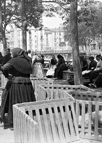 La Fira del bestiar. S�observen alguns pagesos amb el bestiar al passeig General Mendoza. Al fons es pot observar tamb&eacute; el pont del Carme. 1920-1925
