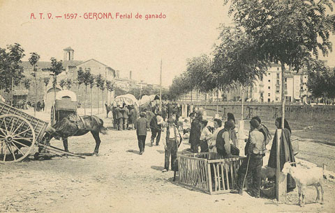 Firal del bestiar, posteriorment passeig del General Mendoza. A l'esquerra el convent del M&iacute;nims o de Sant Francesc de Paula, a la dreta el Pont del Carme. 1903-1904