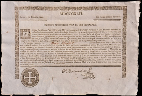 Dispensa eclesi&agrave;stica per a poder menjar carn. 1842