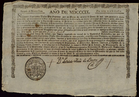 Dispensa eclesi&agrave;stica otorgada pel comissari general de la Butlla de la Santa Croada, a favor d'Anton Aulet, per a poder menjar carn i ous per Setmana Santa. 1809