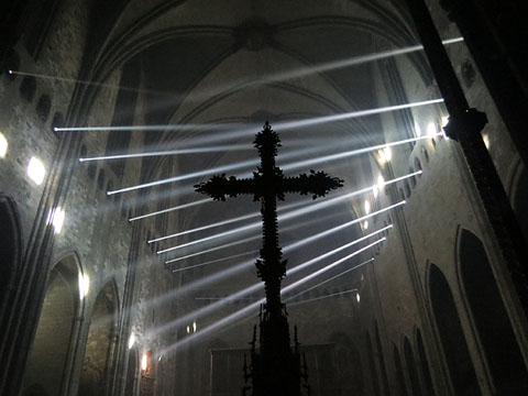 Restituci&oacute; de Girona a vol d'ocell, a principis del segle XIV, abans de la construcci&oacute; de les muralles de Pere III