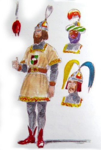 Any 1971. Model per a la formaci&oacute; d'una nova i vistosa gu&agrave;rdia muntada dels Reis composta de 15 cavallers dels quals es destinarien cinc a cada Rei. El teixit seria de malla ferma, de color blanc marfil, amb l'escut de cada comitiva reprodu&iuml;t al pit. Els cascs serien de llaut&oacute; cromat i aram picat, amb alguns elements diferencials