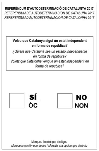 Facs&iacute;mil de la c&egrave;dula de votaci&oacute; que es va fer servir al refer&egrave;ndum d'autodeterminaci&oacute; de Catalunya de 2017