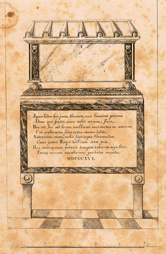 Sepulcre provisional del general &Aacute;lvarez de Castro. Inscripci&oacute; al peu: Scualidus hic jacet Alvarez nunc lumine pribus. Idem qui fortis cum tulit arma fuit. Hic vir, hic est heros, nullum moriturus in aevum, cui scelerata fides certa venena dedit, aertenum vivet nobis fastisque Gerundae, cum jussu Regis tollitur ara pia. Hos numquam poterit tempus reticere sepulcro: Fama memor saeclis non peritura canet. MDCCCXVI. 1832