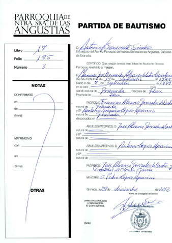 Certificaci&oacute; de baptisme d'&Aacute;lvarez de Castro