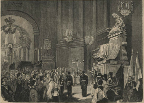 Cerim&ograve;nia per a la inhumaci&oacute; de les restes del general &Aacute;lvarez de Castro, celebrada a l'esgl&eacute;sia de Sant Feliu. 1880