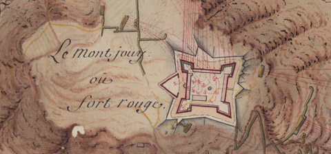 El castell de Montju&iacute;c. Detall de 'Gironne', 1711, A. Bertau