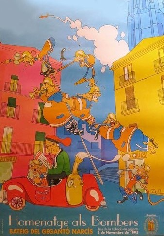 Cartell del bateig del gegant&oacute; Narc&iacute;s Bomber. Dibuix de Nuxu Perpiny&agrave;