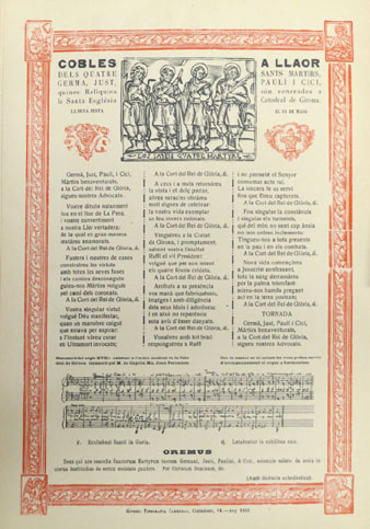 Cobles a llaor dels Quatre Sants Martirs. Peu d'impremta: Tpografia Carreras. Ciutadans 18. 1935
