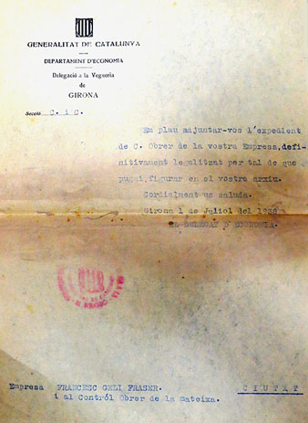 Expedient de legalitzaci&oacute; de l'establiment em&egrave;s per la Generalitat l'1 de juliol de 1938