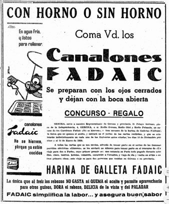 Anunci de Canelones Fadaic, 1958