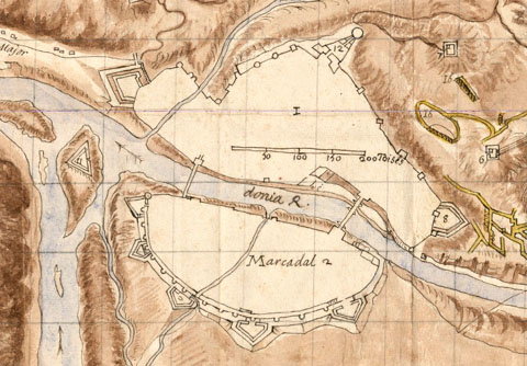 Detall de 'Plan de la ville de Gironne ses forts et redouttes, attaques et tranch&eacute;es', 1694