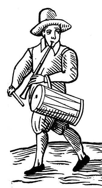 M&uacute;sic tocant el tambor i la flauta. Gravat del segle XVI