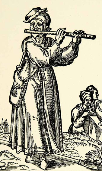 M&uacute;sic amb una flauta. Detall d'un gravat del segle XVI