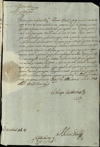 El lloctinent Miguel de los Santos de San Pedro, bisbe de Solsona, als jurats de la ciutat de Girona. Ateses les difer&egrave;ncies entre alguns jurats sobre la manera de portar el t&agrave;lem a les processons, els comunica que proposin al Consell que siguin els militars i ciutadans juntament amb els jurats els que el portin, posat cas que faltessin els militars i ciutadans, que els jurats ho estableixin amb les persones que vulguin. 25 d'abril de 1629