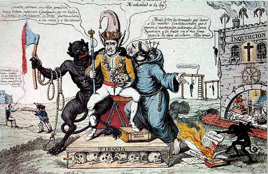 Tirania. La superstici&oacute; asseguda al tron, entre un monjo i el diable