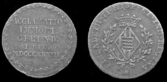 Medalla gironina commemorativa de la proclamaci&oacute; d'Isabel II. 1833