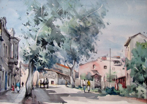 Santa Eug&egrave;nia de Ter. Ca. 1950. Aquarel&middot;la sobre paper de Jaume Roca Delpech. 22 x 31,5 cm