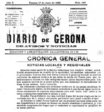 Premsa. Tancament dels bordells de les 'calles de detr&aacute;s del Teatro'. Diario de Gerona, 17 de juny de 1898