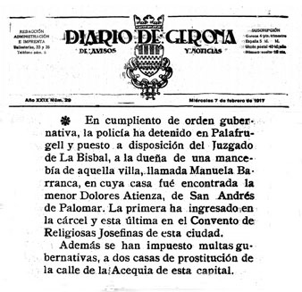 Premsa. Bordell al carrer de la S&egrave;quia. Diario de Gerona, 7 de febrer de 1917