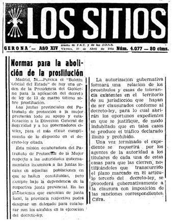Premsa. Normes per l'abolici&oacute; de la prostituci&oacute;. Los Sitios, 27 d'abril de 1956