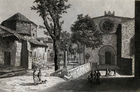 Vista del monestir de Sant Pere de Galligants i l'esgl&eacute;sia de Sant Nicolau. 1842