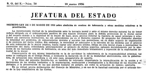 Decreto-ley de 3 de marzo de 1956 sobre abolici&oacute;n de centros de tolerancia y otras medidas relativas a la prostituci&oacute;n