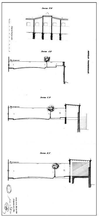 Pl&agrave;nol de F&eacute;lix d�Az&uacute;a
on es mostren els perfils transversals del projecte de remodelaci&oacute; de les Voltes dels Esparters. 19 d'abril de 1870