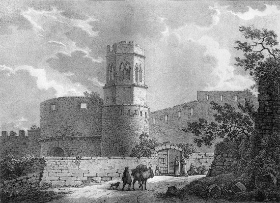 El monestir de Sant Pere de Galligants i el portal de Sant Daniel, amb el tambor. S'observa la torre octogonal del campanar amb els merlets malmenats possiblement a causa dels atacs produ&iuml;ts als setges de la Guerra del Franc&egrave;s a la ciutat. 1824