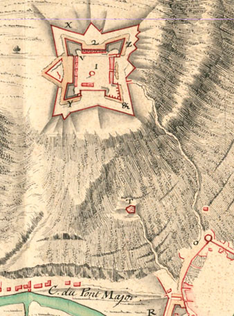 Detall de 'Plan de Gironne et des attaques qui y furent faites pendant le si&egrave;ge de 1694, par monseigneur le mareschal duc de Noailles'. 1694