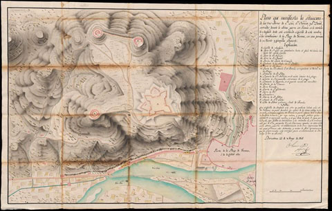 Plano de situaci&oacute;n del Castillo de Monjuich y de las torres de San Luis, San Narciso y San Daniel. 1801