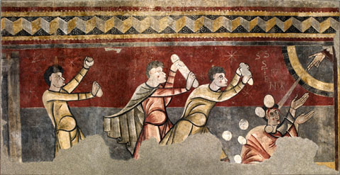 Lapidaci&oacute; de Sant Esteve. Ca. 1100. Procedeix de l'esgl&eacute;sia parroquial de Sant Joan de Bo&iacute; (Vall de Bo&iacute;, Alta Ribagor&ccedil;a).
Fresc traspassat a tela