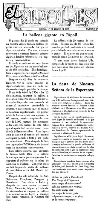 Article del diari 'El Ripoll&egrave;s', de l'U de gener de 1955, informant de l'exhibici&oacute; de la balena a Ripoll, i de la gira que es proposava iniciar