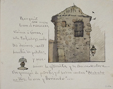 'Viviam a Girona'. Mem&ograve;ries d'un Katufol. Modest Urgell. Ca. 1900. C&ograve;dex hol&ograve;graf fet amb tinta a la ploma i aquarel&middot;la sobre paper