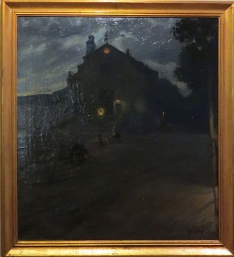 Pla&ccedil;a de Lesseps de nit, esgl&eacute;sia dels Josepets. Ricardo Urgell. Ca. 1908. Oli sobre tela