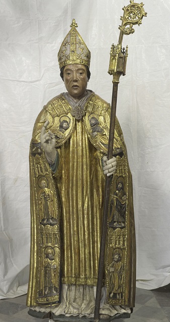 Imatge policromada de Sant Narc&iacute;s, del segle XVI, que formava part del retaule de Sant Feliu, que es va desmuntar parcialment durant la Guerra Civil