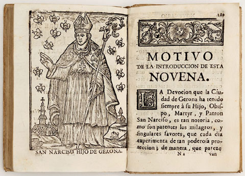 Detall de l'obra 'Vida, milagros y martirio del glorioso San Narciso, hijo obispo y patr&oacute;n de la ciudad de Gerona'. Ca. 1763. Girona, impremta de Josep Bro