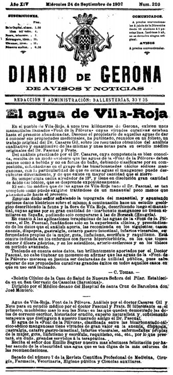 Article publicat al 'Diario de Gerona de avisos i not&iacute;cias' del 24 de setembre de 1902 sobre l'aigua de la Font de la P&oacute;lvora