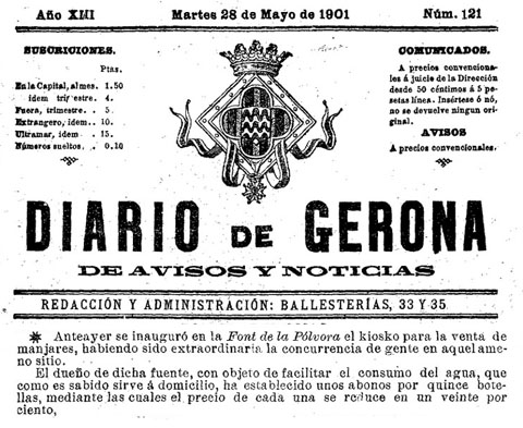 Not&iacute;cia de la inauguraci&oacute; del quiosc de venda de queviures, publicada al 'Diario de Gerona de Avisos y Noticias' del 28 de maig de 1901