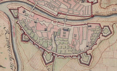 Detall d'un pl&agrave;nol franc&egrave;s de Girona, de 1711, de la zona del Mercadal. A l'esquerra, el baluard de Figuerola