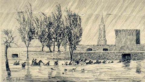 Exteriors de la porta de Figuerola, salvant els ve&iuml;ns del barri de Pedret. Detall d'un gravat sobre inundacions a Girona. 8/11/1876