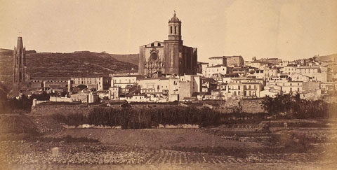Vista del barri Vell amb les hortes en primer terme. En segon terme, el tram de muralla compr&egrave;s entre el baluard de Figuerola, a l'esquerra i el baluard de la Santa Creu, a la dreta. 1877